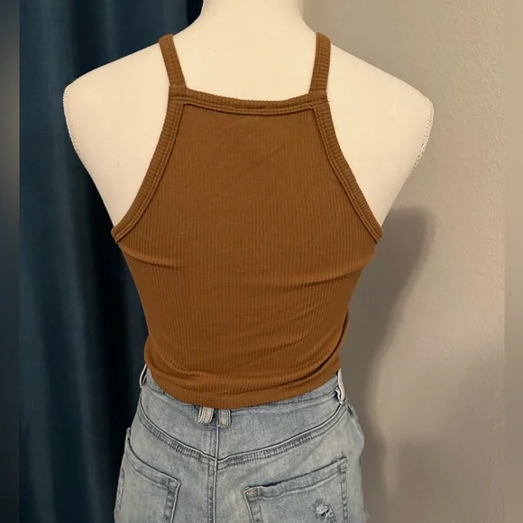 Brown Stretchy Ribbed High Racerback Neck Crop Top Tank Sleeveless Size S/M - Picture 5 of 6